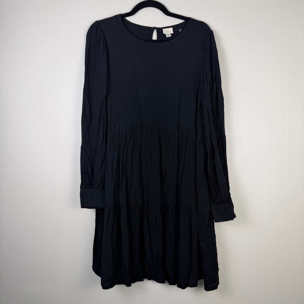 A New‎ Day Tiered Dress Women Medium Black Round Neck Long Sleeve Knee Length